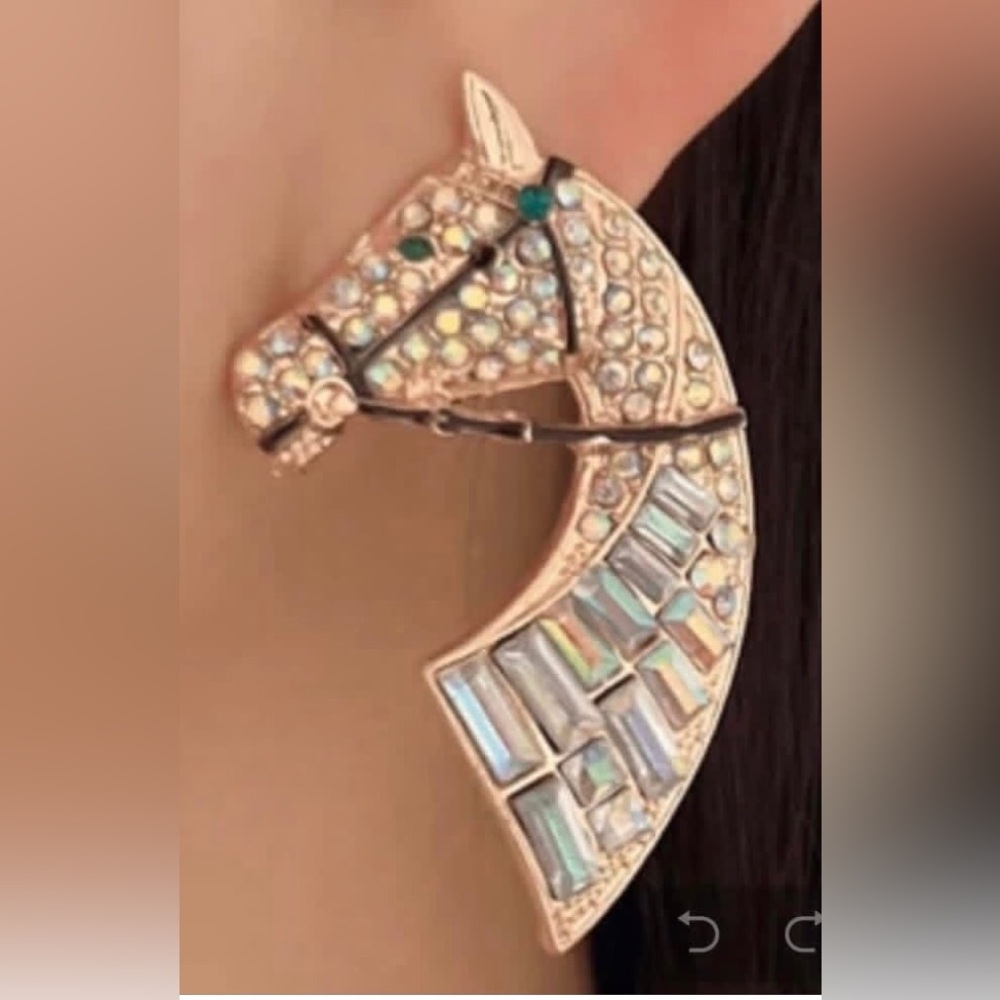 Horse Head White Crystal Statement Post Earrings